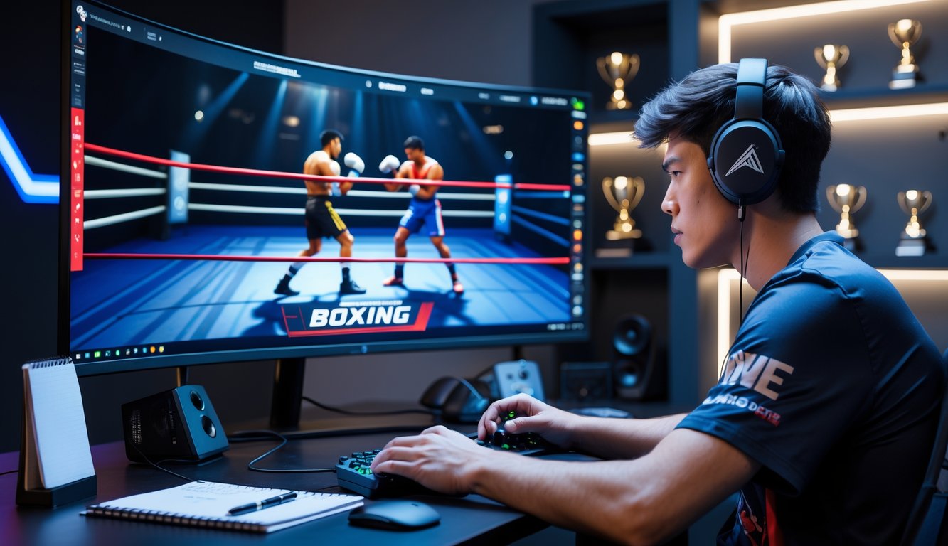 Seorang pria muda sedang fokus bermain dan menganalisis pertandingan tinju esports di depan monitor besar dengan setup gaming modern.