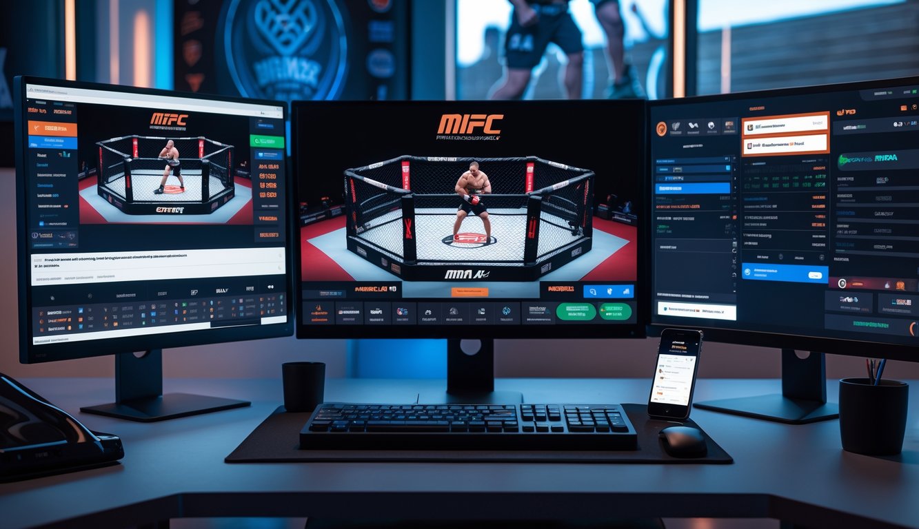 Seseorang menggunakan komputer dengan layar menampilkan pertarungan MMA virtual dan informasi taruhan olahraga.