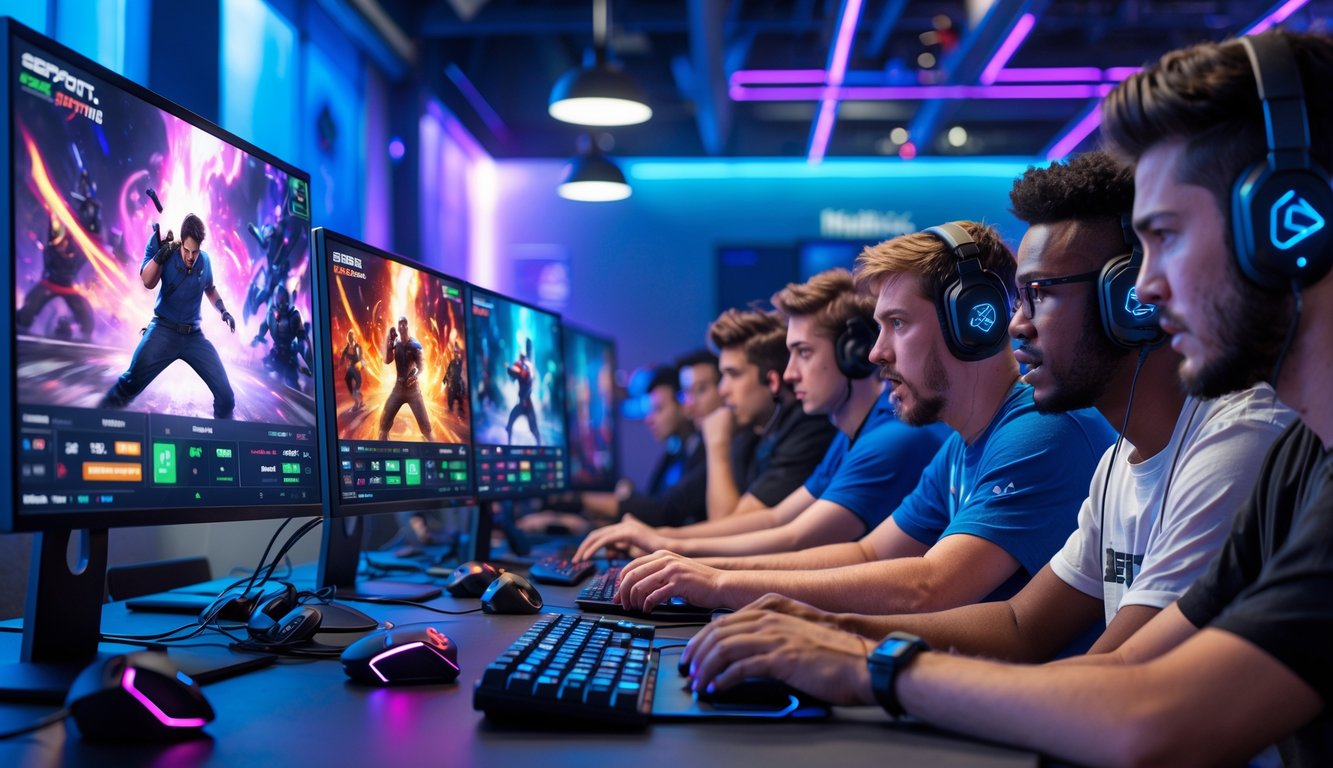 Sekelompok orang muda sedang fokus menonton pertandingan esports pertarungan di komputer dengan suasana ruang permainan modern dan pencahayaan biru ungu.
