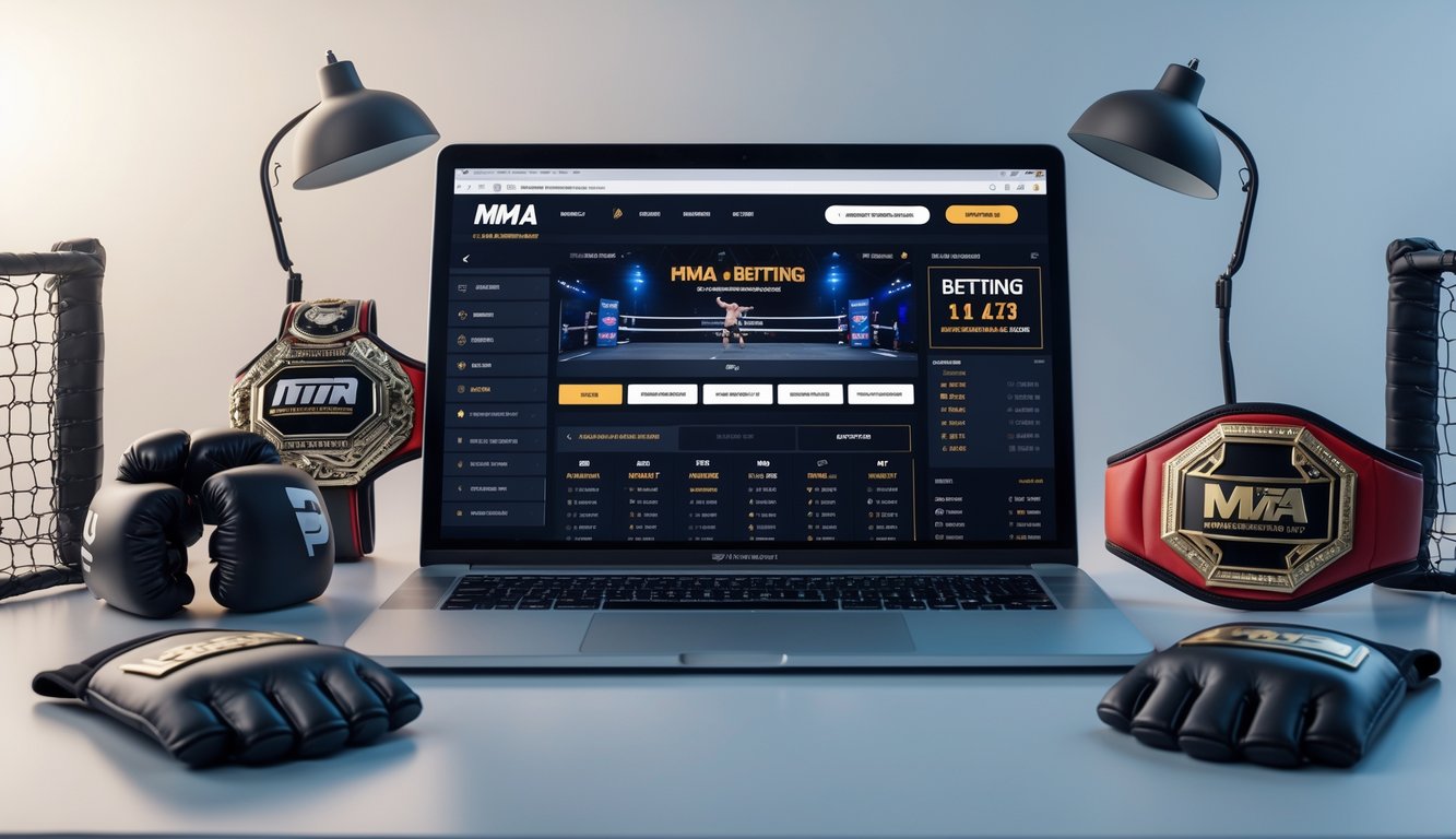 Sebuah laptop di meja kerja menampilkan situs judi MMA online dengan sarung tangan MMA dan sabuk kejuaraan di sekitarnya.