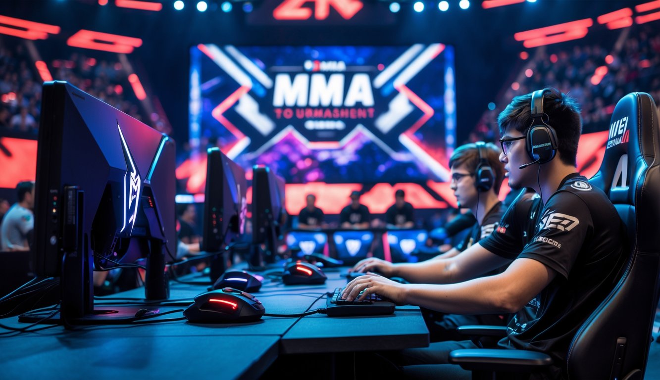 Dua atlet esports sedang bertanding dalam turnamen MMA dengan layar besar dan penonton di latar belakang.