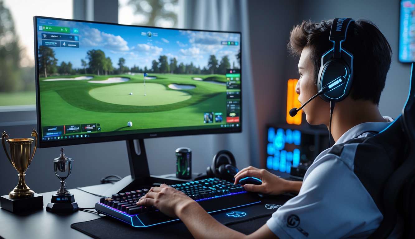 Seorang pemain muda sedang bermain permainan golf online di depan komputer dengan headset di ruangan yang terang.