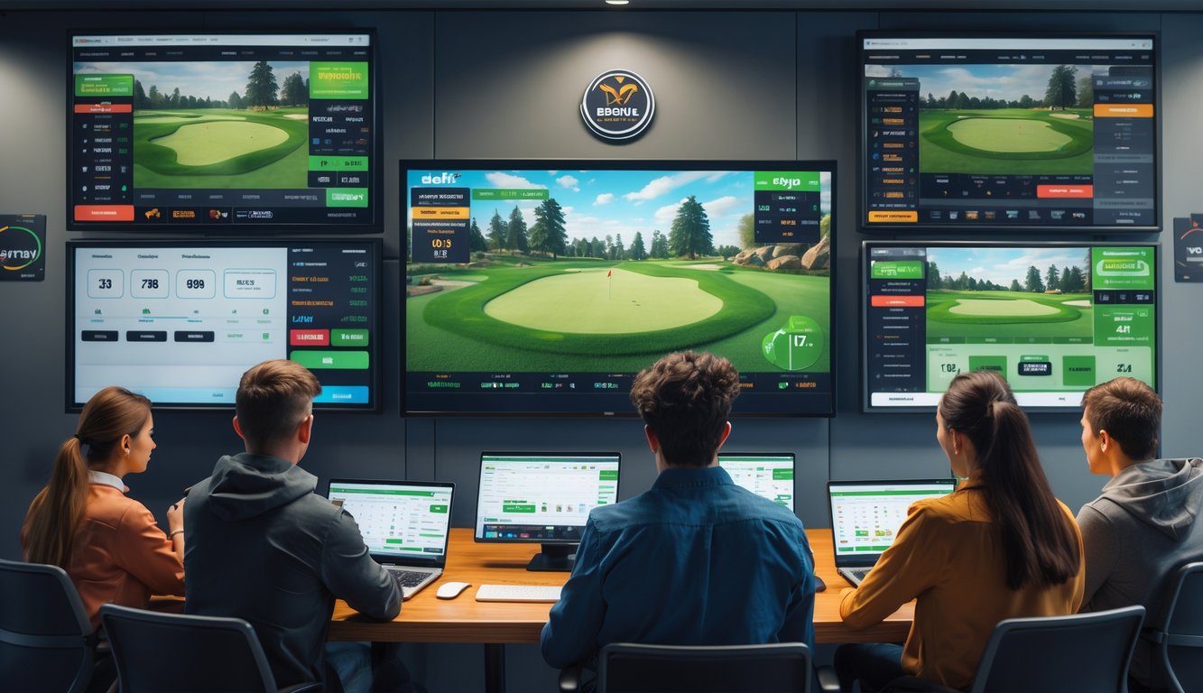 Sekelompok orang muda sedang menonton turnamen golf esports di layar besar dengan perangkat elektronik untuk taruhan aktif.