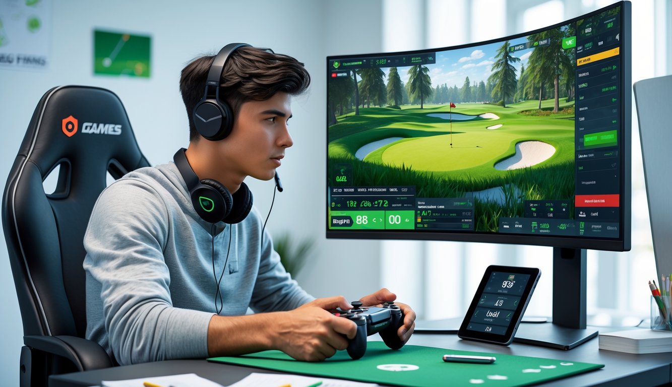 Seorang pria muda sedang bermain permainan golf esports di komputer dengan fokus di sebuah ruangan yang rapi.