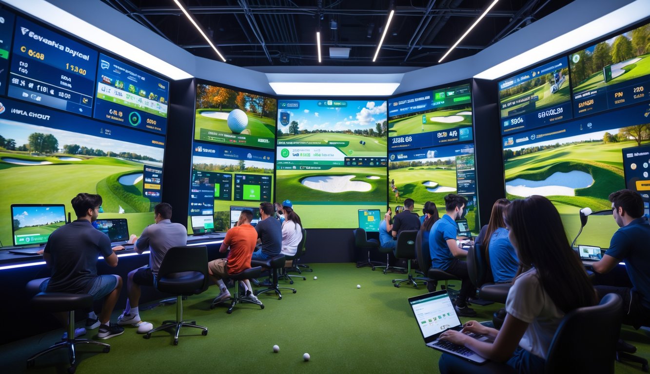 Sekelompok orang muda menggunakan perangkat elektronik di ruang modern dengan layar besar menampilkan grafik permainan golf dan taruhan.