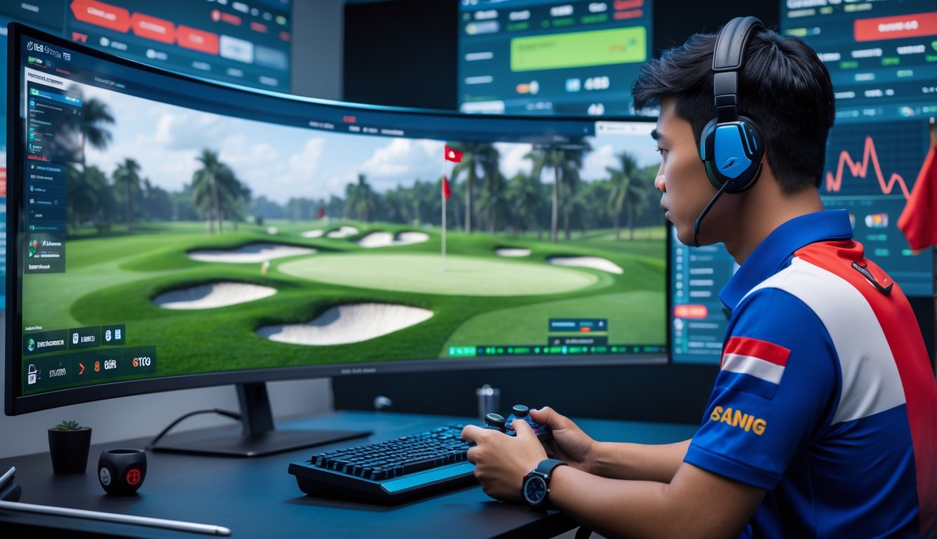 Seorang pria muda Indonesia sedang bermain gim golf di depan layar komputer dengan alat kontrol, di ruangan yang dilengkapi dengan elemen taruhan dan perlengkapan golf.