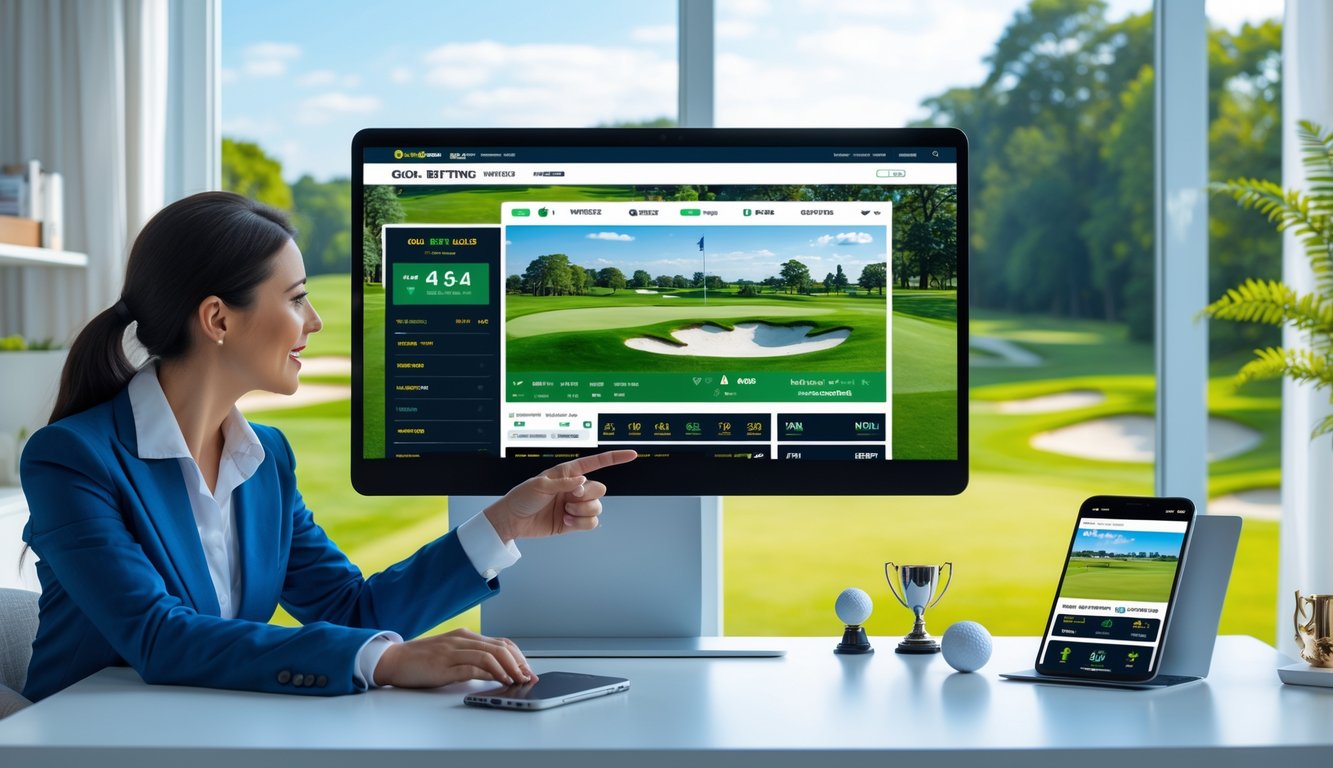 Seorang pria dan wanita duduk di meja dengan laptop dan ponsel, melihat layar yang menampilkan situs taruhan golf online, dengan latar belakang lapangan golf hijau.