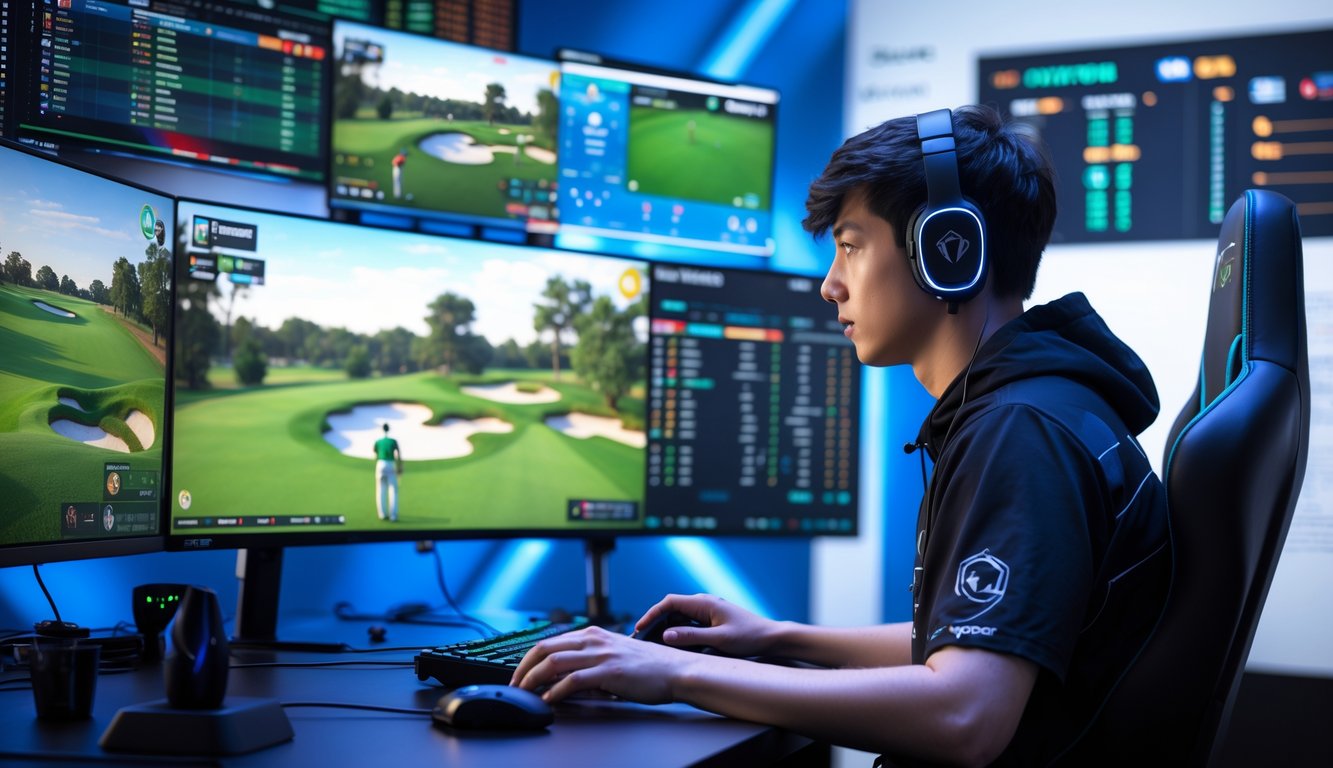 Seorang pemain esports muda sedang fokus di depan layar komputer dengan grafik permainan golf dan data turnamen di sekitarnya.