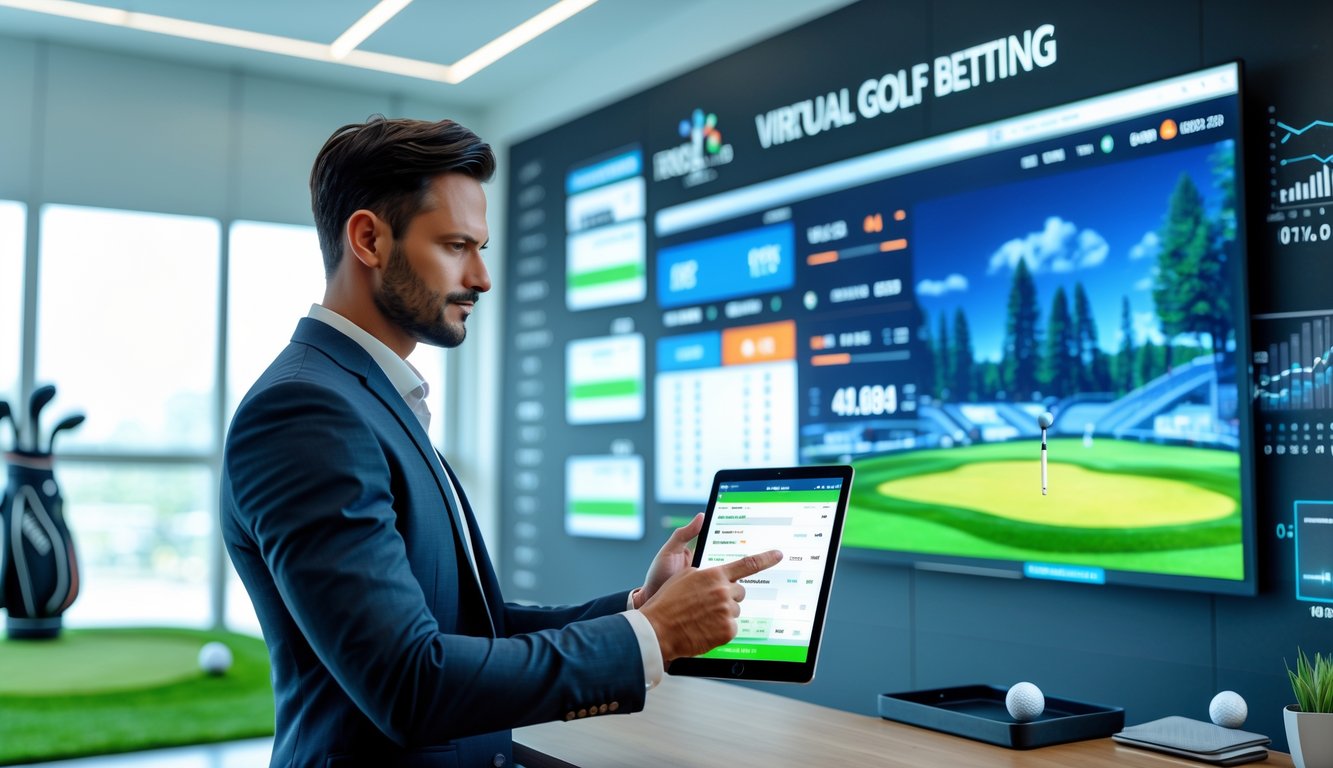 Seorang profesional di kantor modern sedang menggunakan tablet untuk taruhan golf virtual dengan layar besar menampilkan lapangan golf virtual di latar belakang.