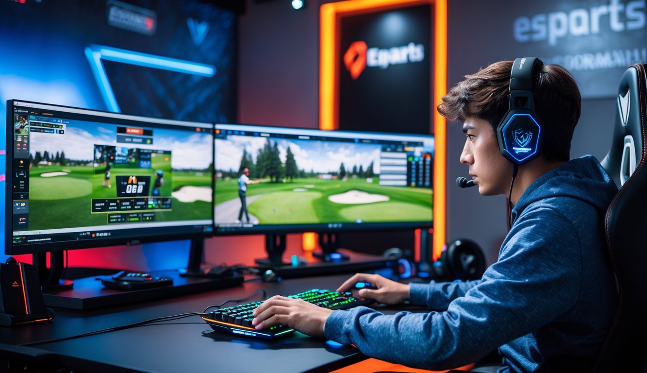 Seorang pemain muda sedang bermain game golf esports di meja gaming dengan beberapa monitor dan headset di ruangan dengan pencahayaan ambient.