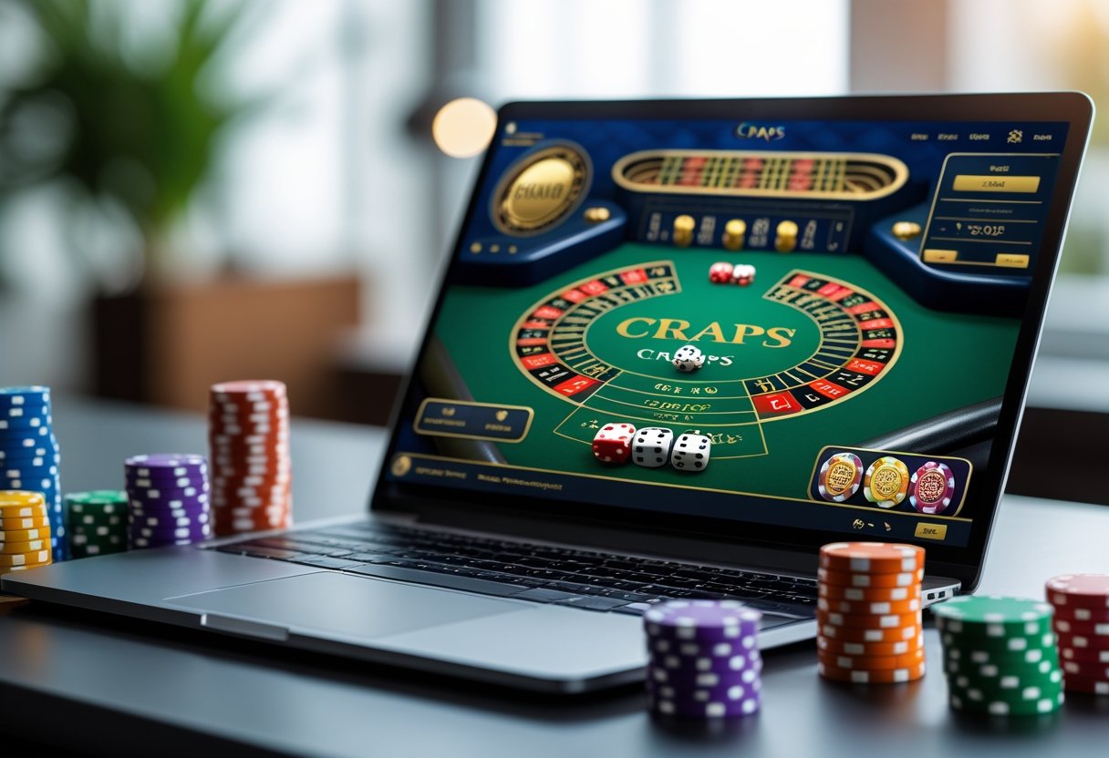 A laptop on a desk showing an online craps game with dice and betting chips around it.