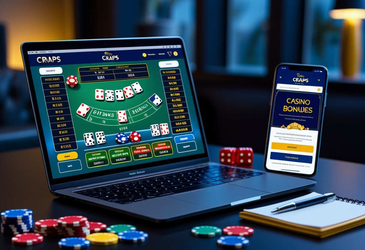 A laptop and smartphone displaying online craps game and bonus offers on a desk with dice and casino chips.