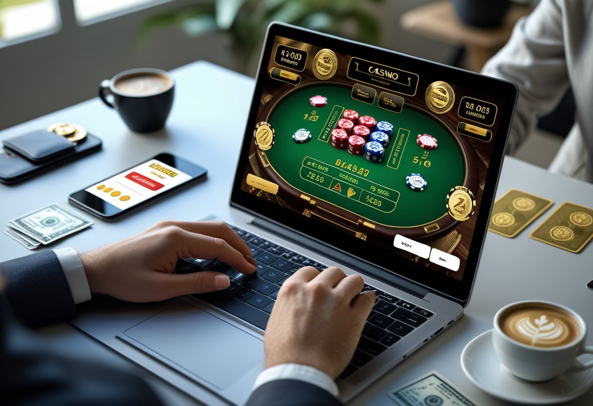 Hands using a laptop showing an online craps game with payment method icons and a smartphone nearby on a desk.