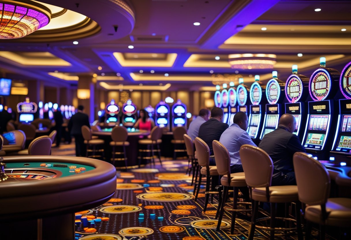 A casino scene showing a roulette wheel, poker table with players, and slot machines with flashing lights.
