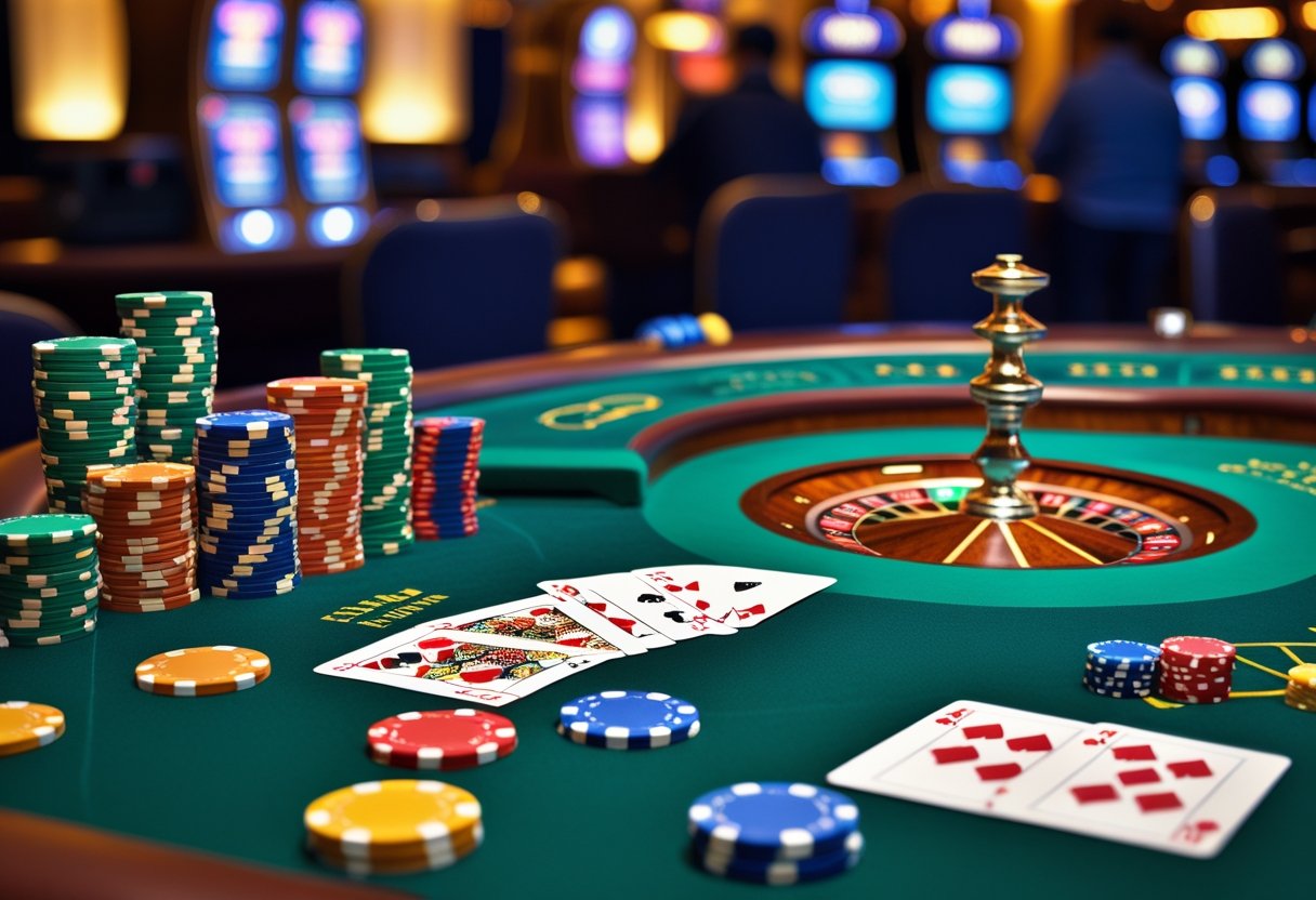 A casino table with poker chips, playing cards, a roulette wheel, and dice in a lively casino setting.