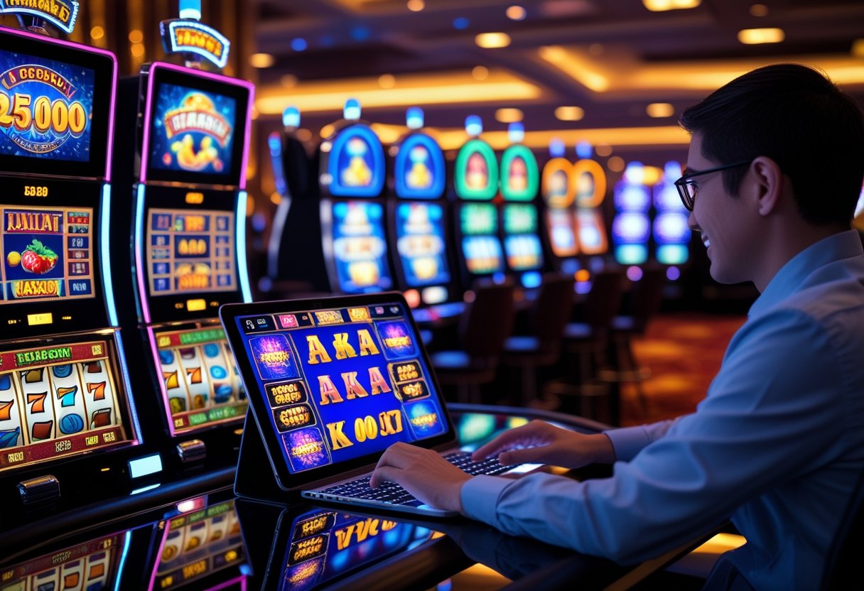 A casino scene showing slot machines and a person playing an online slot game on a tablet.