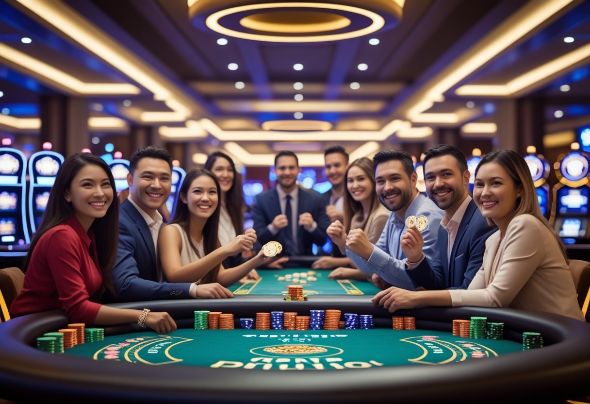 A group of people enjoying casino games at a vibrant gaming table inside a modern casino.
