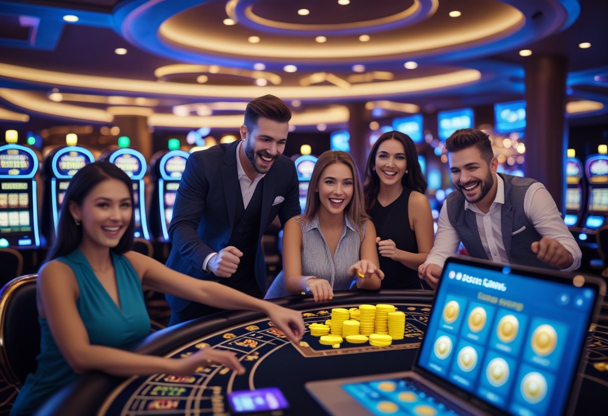 A diverse group of people enjoying slot machines and card games in a modern casino with digital devices showing casino games.