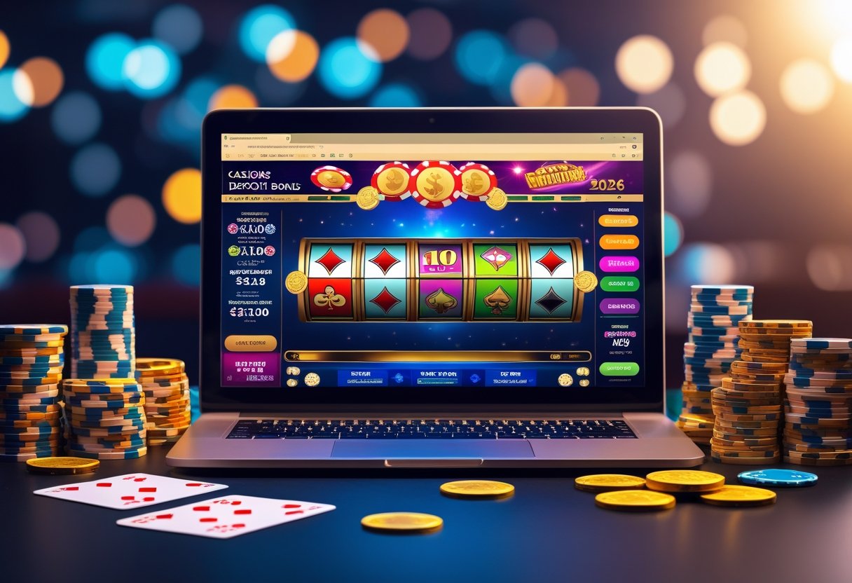 A laptop showing an online casino interface with poker chips, playing cards, and gold coins arranged around it on a table.
