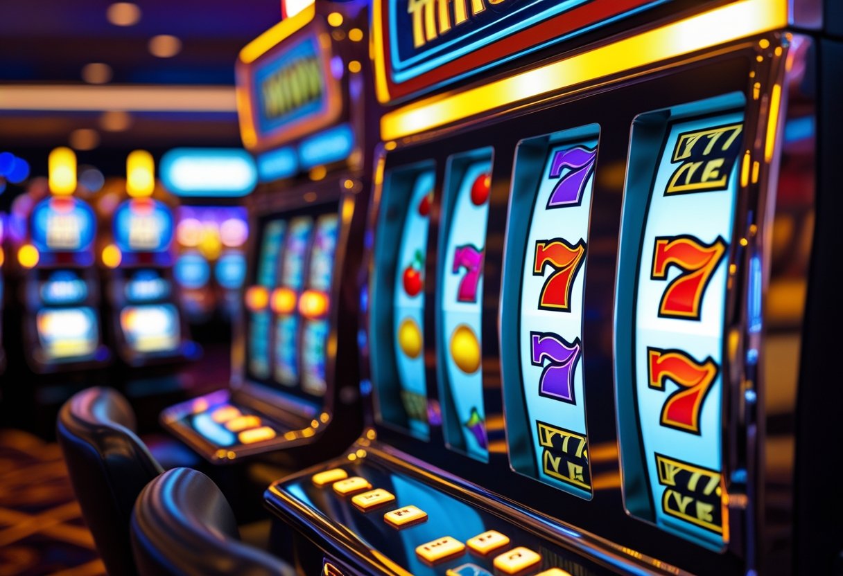 Close-up of a slot machine's reels with classic symbols in a casino setting.