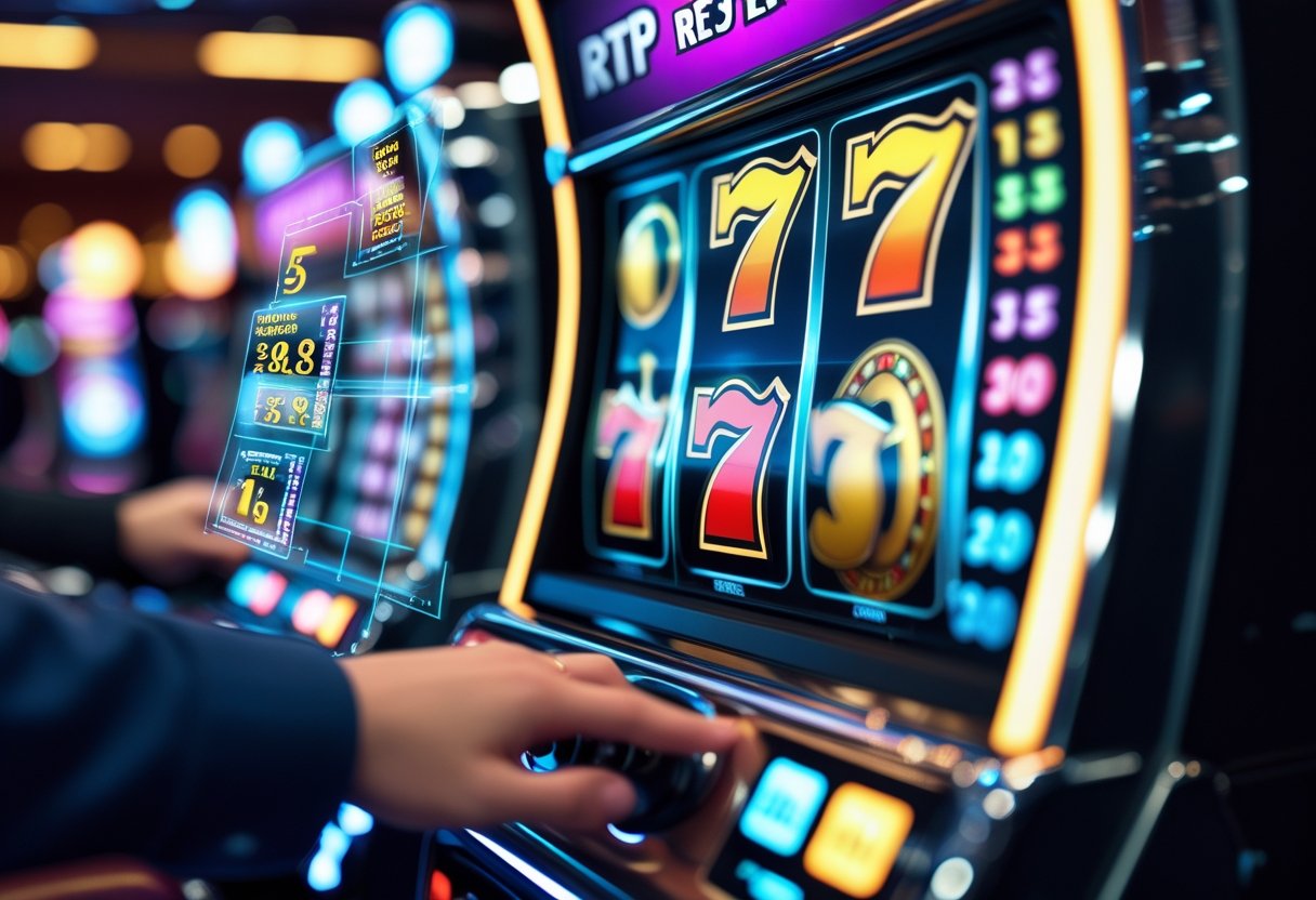 A close-up of a person pressing the spin button on a colorful slot machine with reels showing classic symbols, surrounded by graphical elements representing odds and percentages.