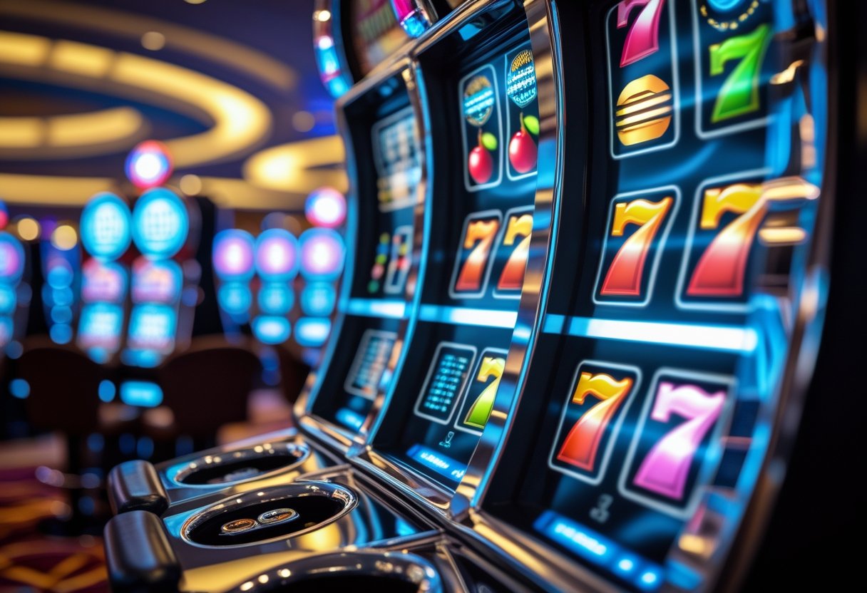 Close-up of a modern slot machine with spinning reels showing colorful symbols, set against a casino background with floating digital numbers representing randomness.