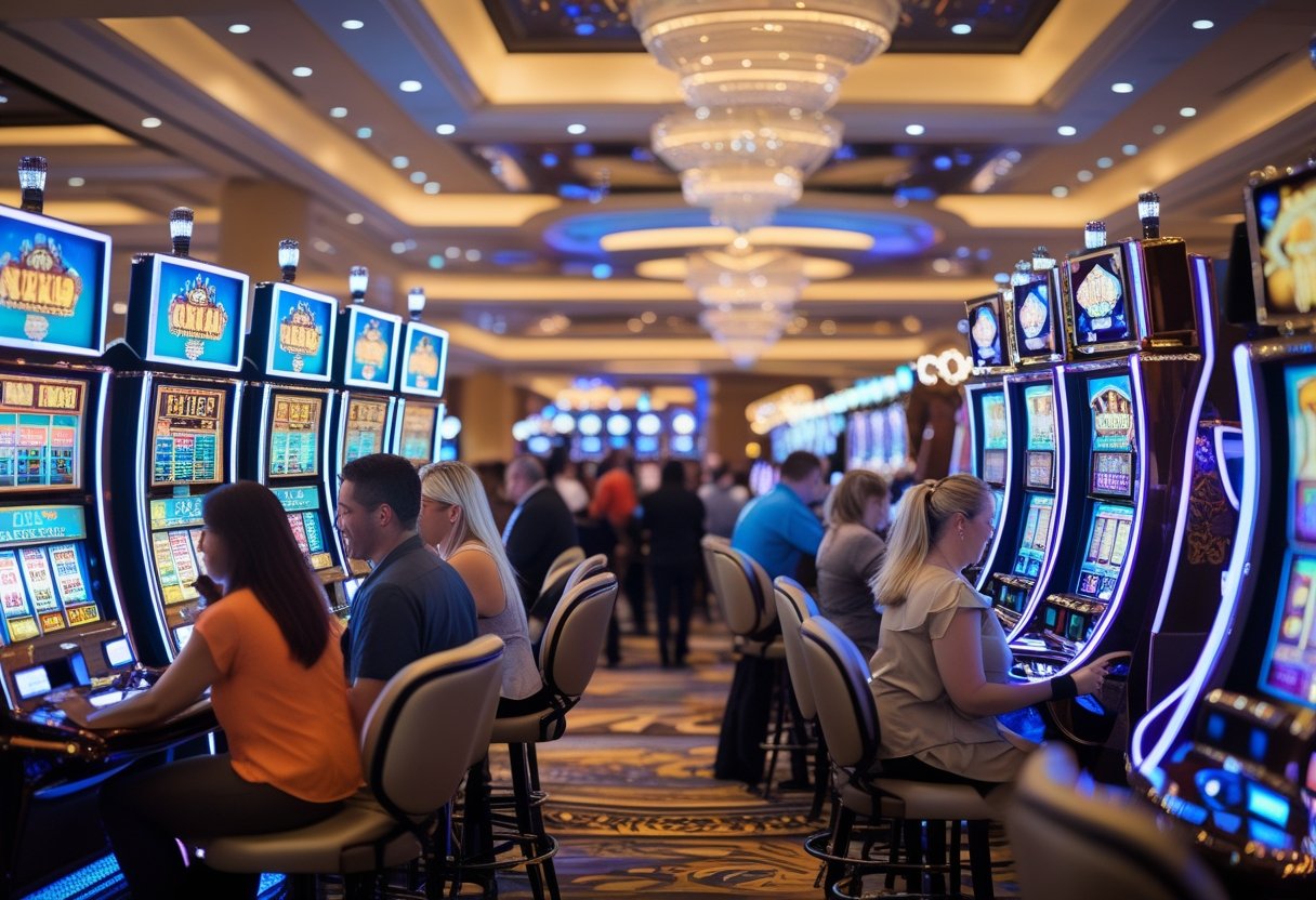 Interior of a large casino with many slot machines and people playing them.