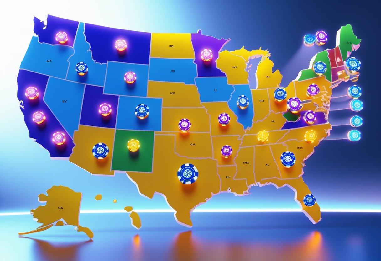 Map of the United States showing locations of the largest slot casinos marked with icons.