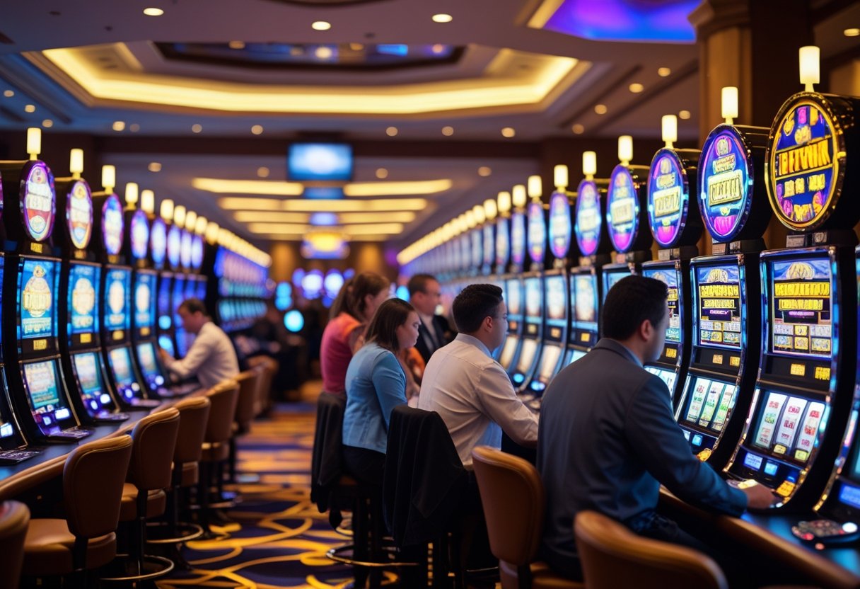 A casino floor filled with rows of colorful slot machines and people playing them.
