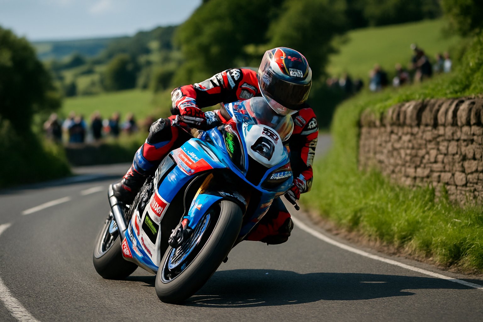 A motorcyclist racing on a narrow countryside road during the Isle of Man TT, leaning into a sharp turn with green fields and stone walls in the background.