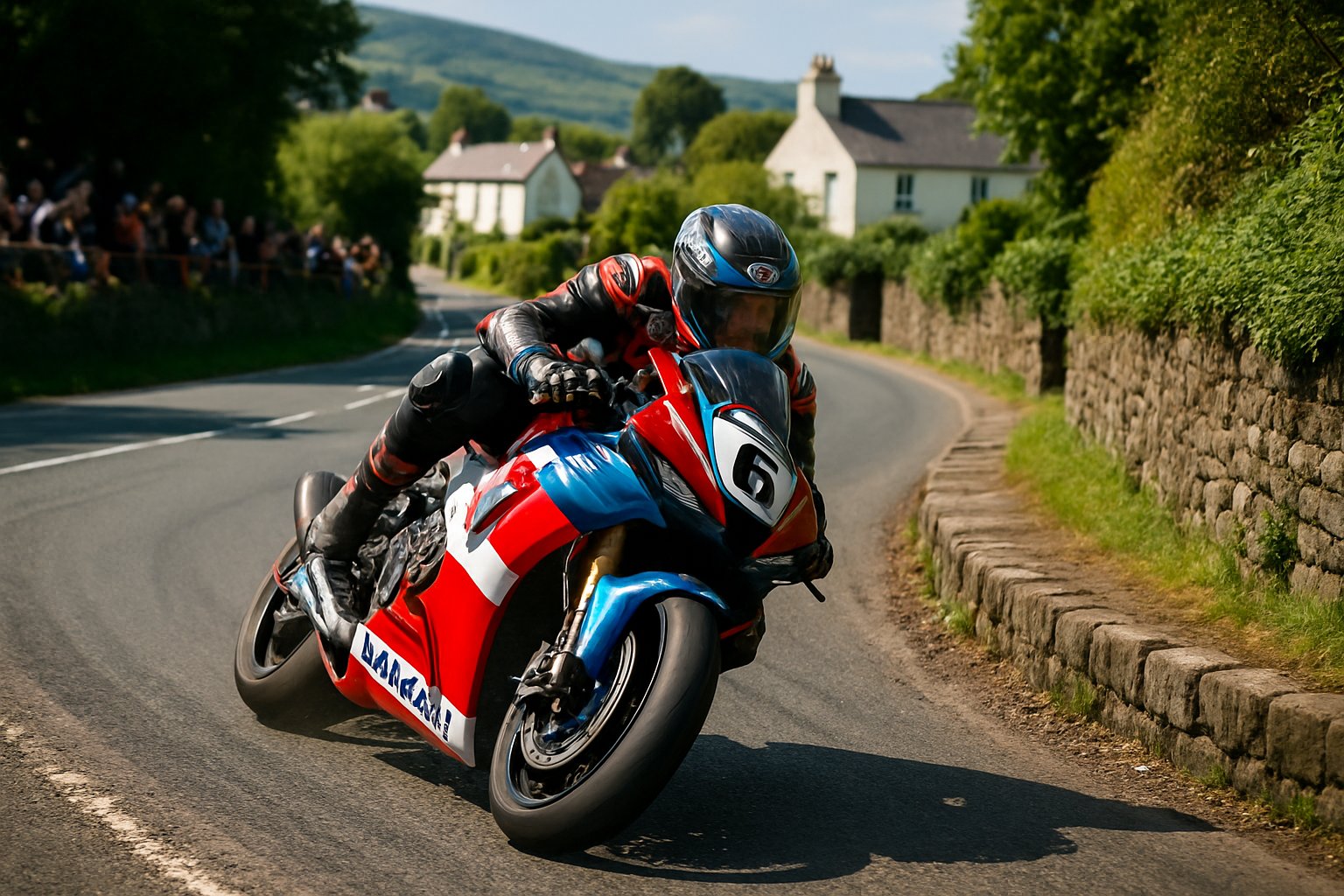 A motorcyclist racing on a narrow winding road lined with stone walls and greenery, leaning into a sharp turn during the Isle of Man TT race.