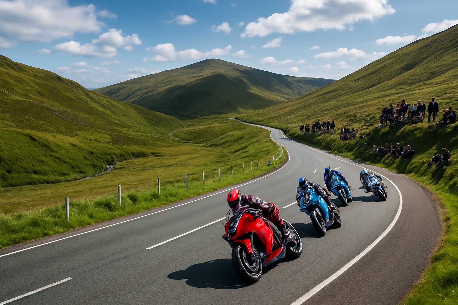 Winding mountain road with racing motorcycles leaning into a curve surrounded by green hills and spectators in the distance.