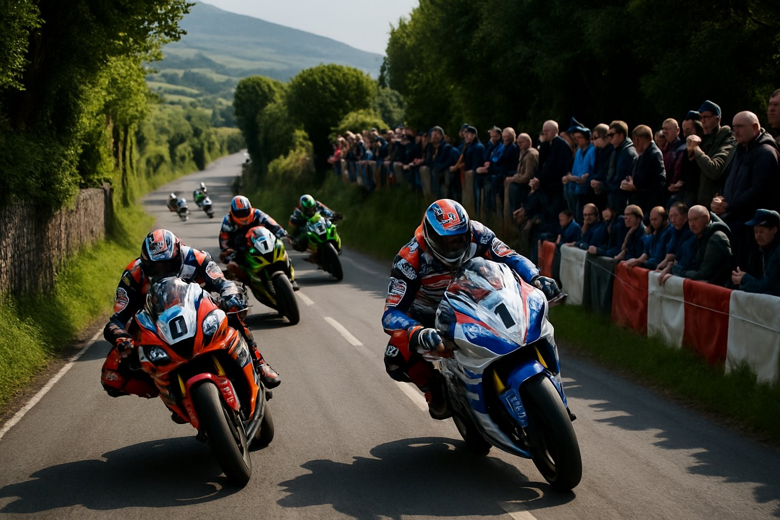 Motorcycles racing at high speed around a curve on a narrow rural road surrounded by trees and spectators watching from behind barriers.