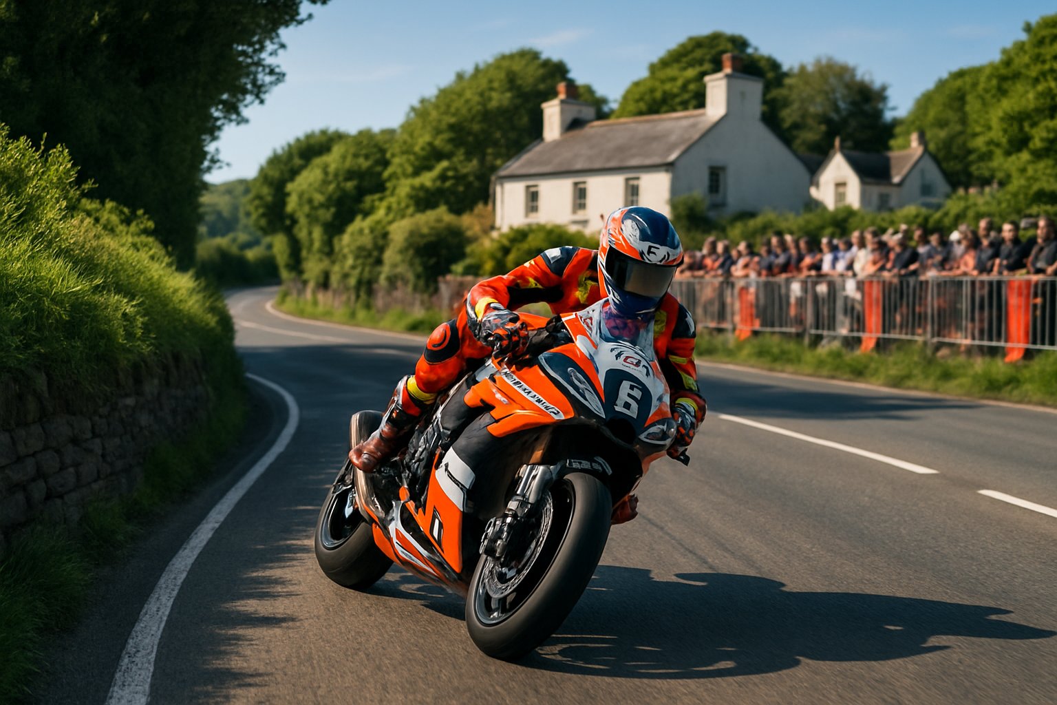 A motorcyclist racing on a winding rural road during the Isle of Man TT, leaning into a sharp turn with spectators and countryside in the background.