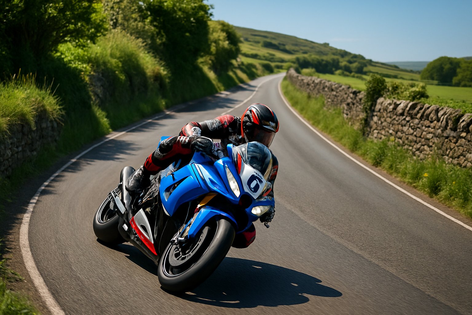 A motorcycle racer leaning into a sharp turn on a narrow road surrounded by green countryside and stone walls.
