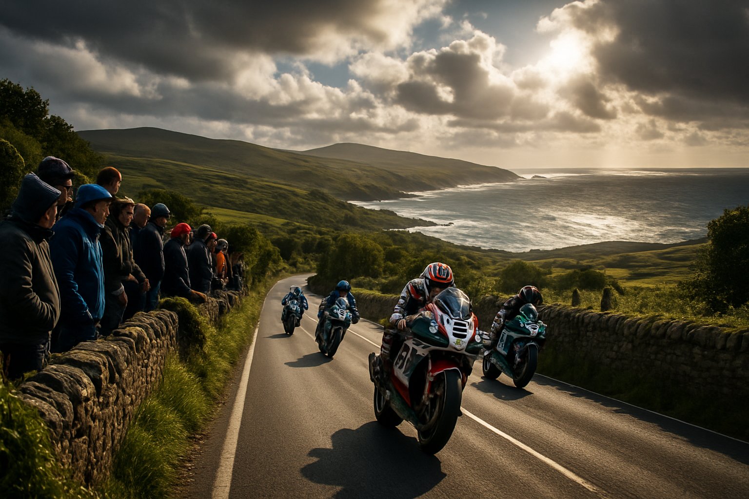 Motorcyclists racing on a narrow winding road by the coast with spectators watching under a partly cloudy sky on a rugged island.