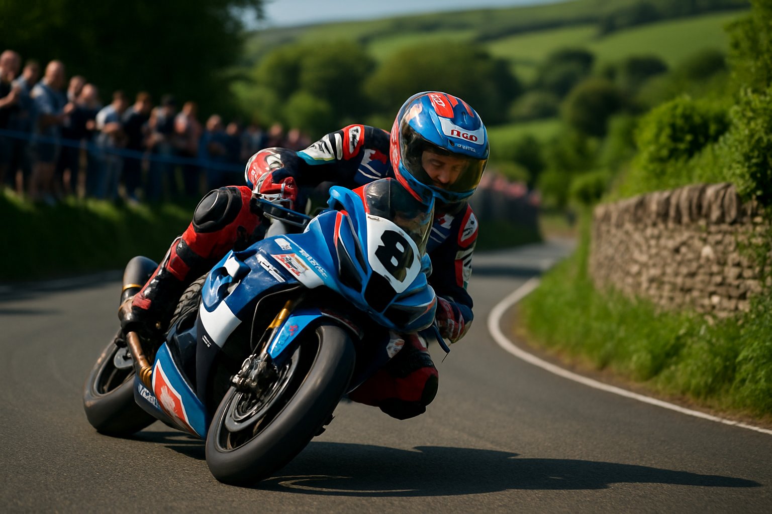 A motorcycle racer leaning into a turn on a narrow road surrounded by green countryside and stone walls, with blurred spectators in the background.