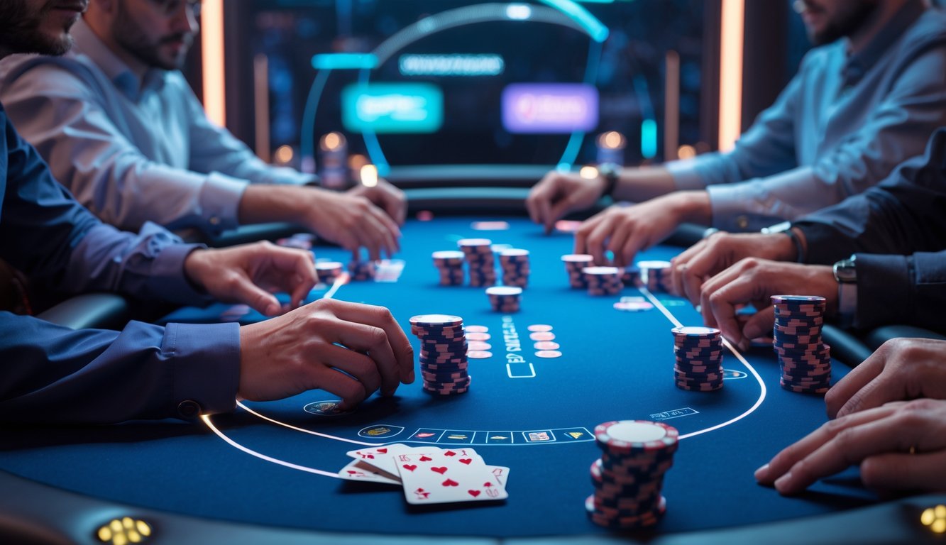 Meja poker digital dengan beberapa pemain yang sedang bermain kartu dan tumpukan chip di atas meja dalam suasana kompetitif.