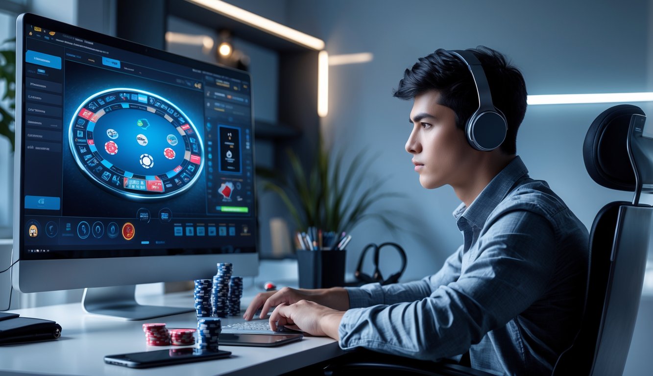 Seorang pemain poker online muda duduk di depan komputer di ruang kerja modern, tampak fokus dan serius bermain poker digital.