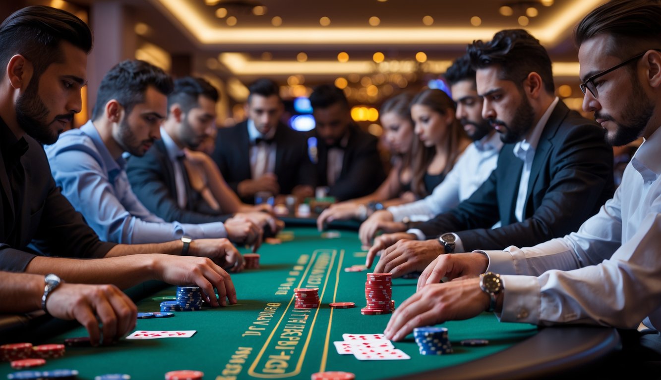 Beberapa pemain poker serius duduk mengelilingi meja hijau dengan kartu dan tumpukan chip di kasino.