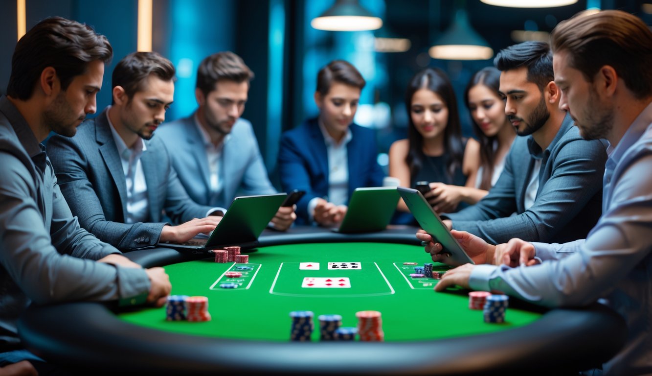 Beberapa orang sedang bermain poker online menggunakan perangkat digital di meja poker modern dengan suasana yang profesional dan interaktif.
