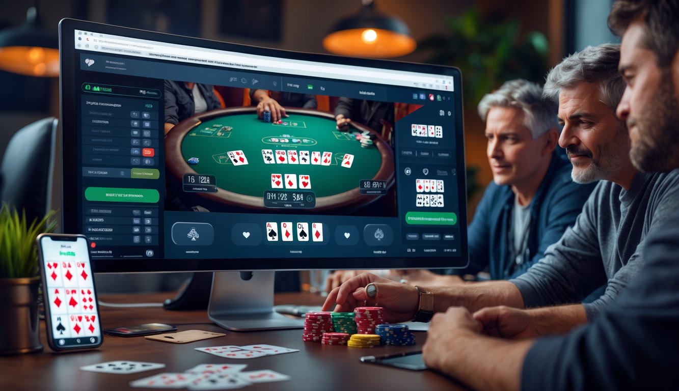 Seseorang sedang bermain poker online di komputer dengan berbagai meja poker terlihat di layar, di ruangan yang nyaman dan terang.