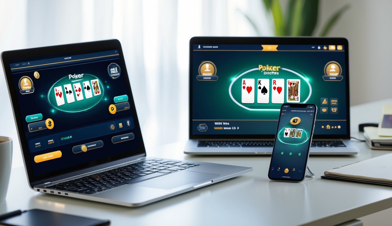Seorang pengguna bermain poker online di laptop dan ponsel di meja kerja yang rapi dan terang.