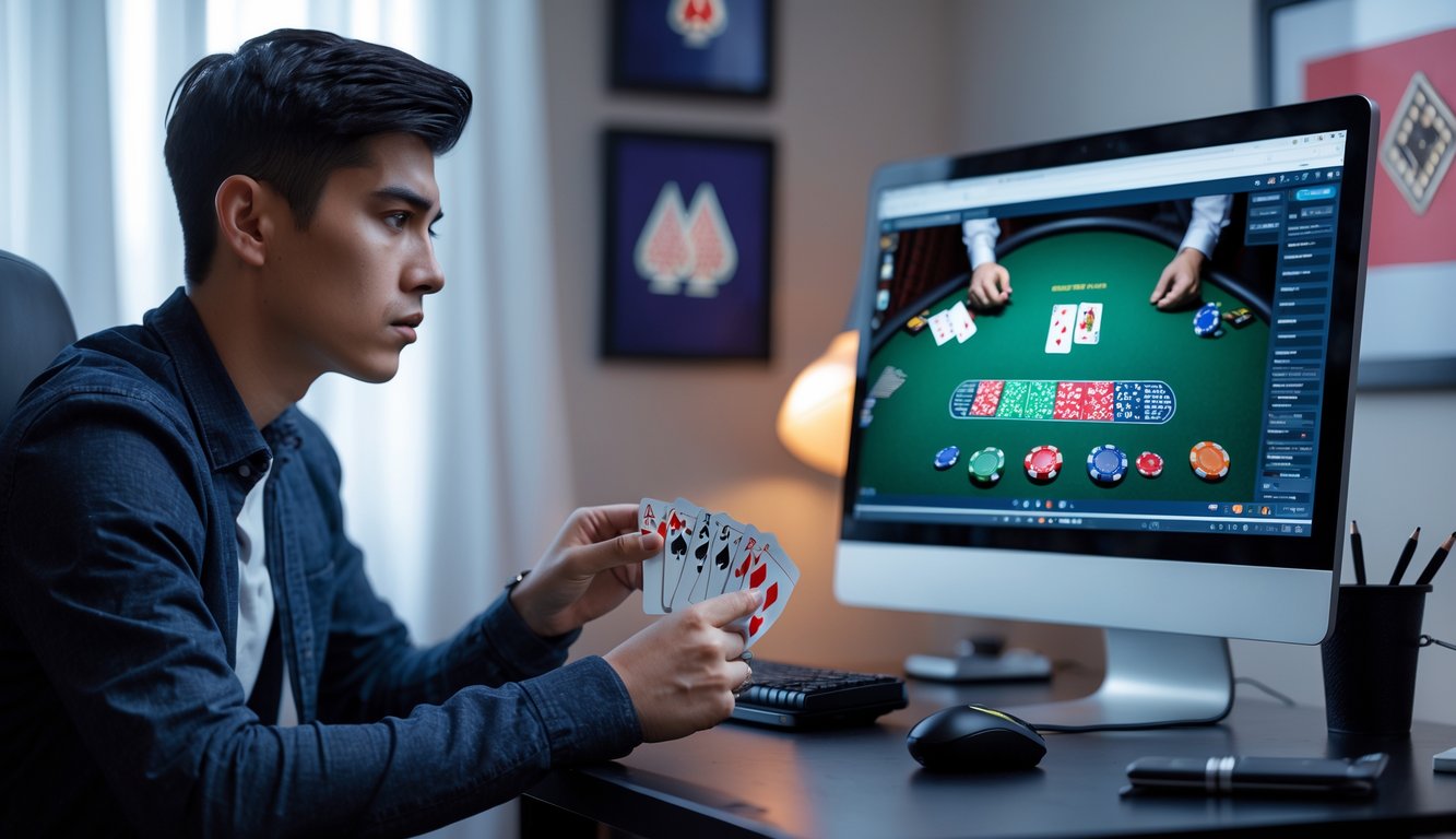 Seorang pria muda fokus bermain poker online di depan komputer dengan kartu dan chip poker di layar, duduk di meja kerja modern.