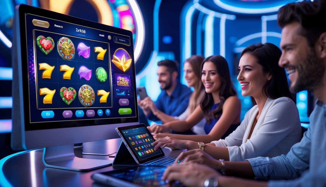 Orang-orang sedang bermain permainan kasino online dengan perangkat digital di lingkungan kasino modern.