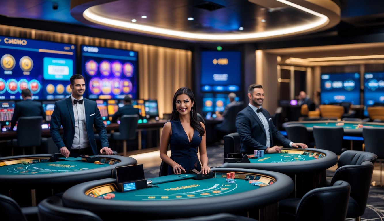 Suasana studio kasino langsung online dengan beberapa meja dealer profesional dan layar digital di latar belakang.