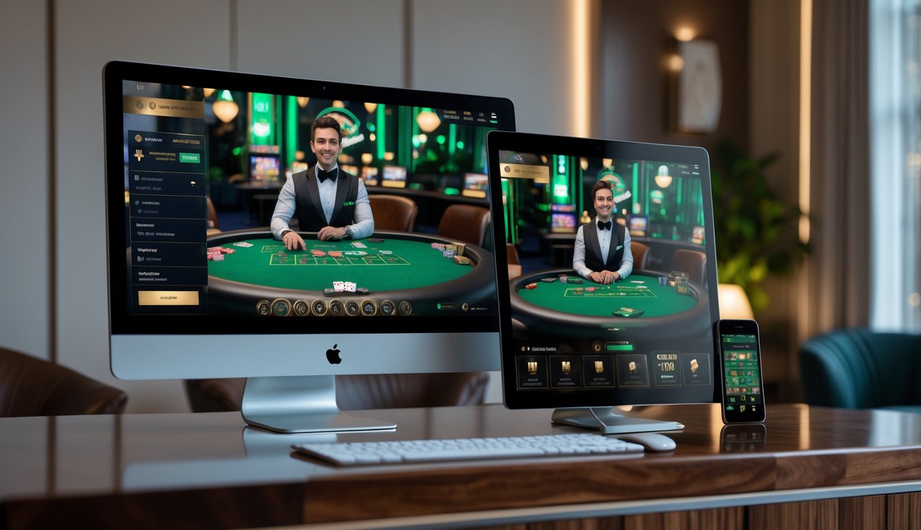 Seorang dealer kasino langsung profesional di depan meja hijau dengan kartu dan chip, tampil di layar komputer dan ponsel di meja kayu.