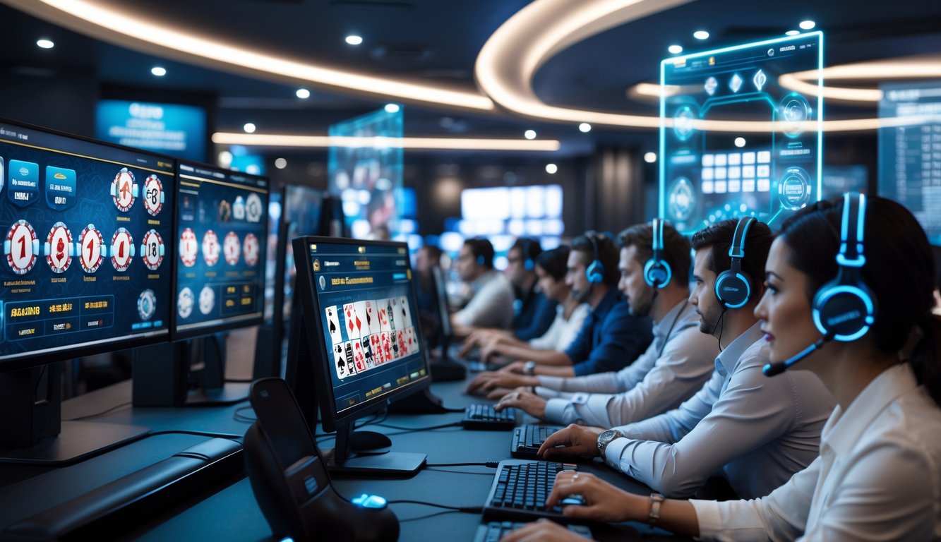 Sejumlah orang bermain permainan kasino online secara langsung dengan komputer dan perangkat teknologi modern di ruangan yang terang dan bergaya.