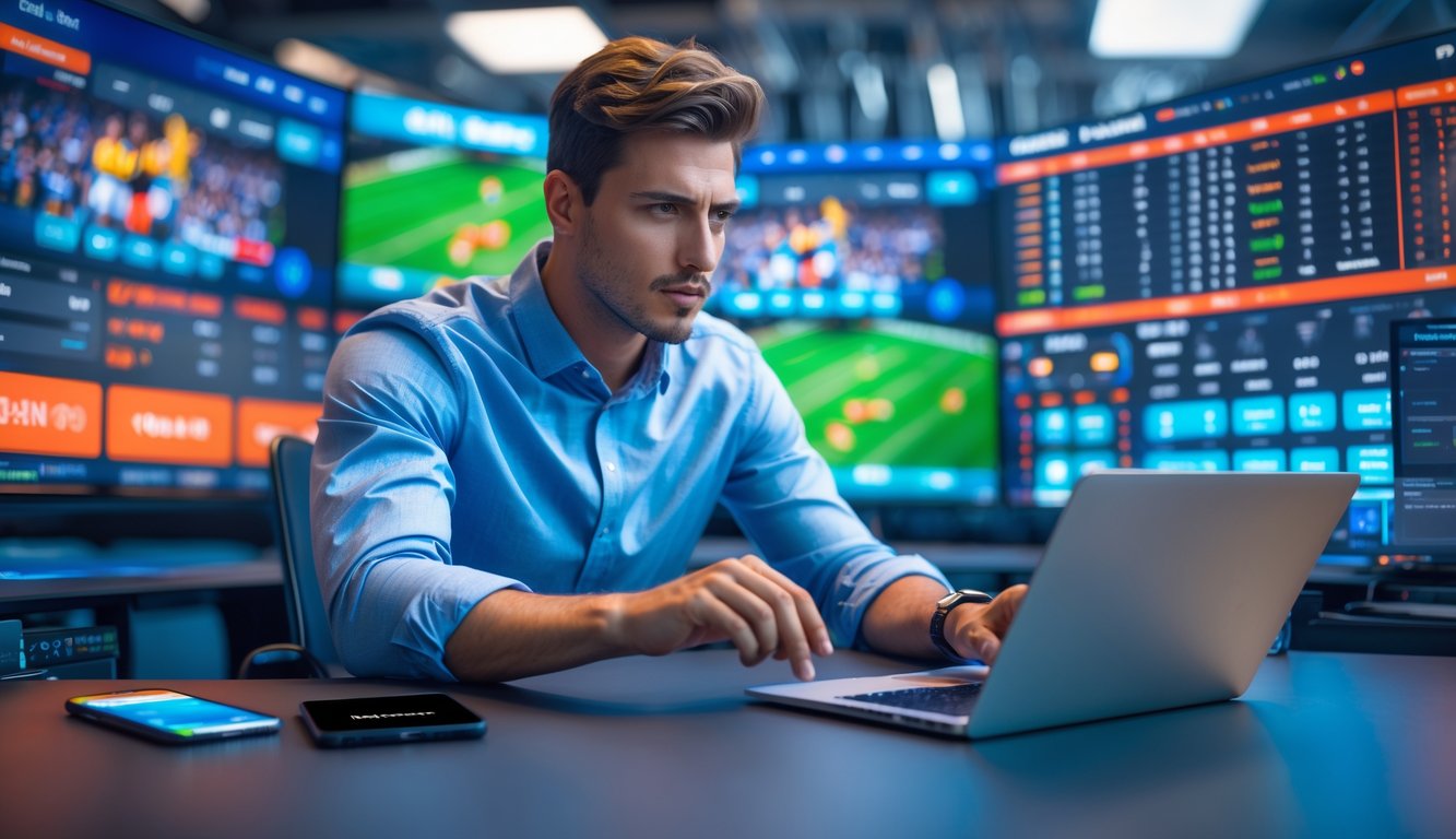 Seorang pria muda sedang menggunakan laptop dan ponsel di meja kerja dengan layar besar menampilkan pertandingan olahraga dan statistik taruhan.