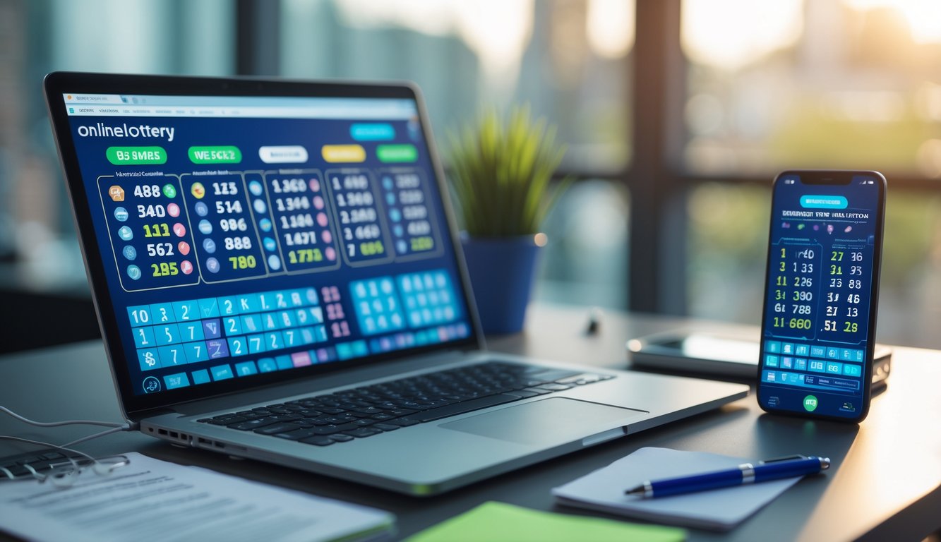 Meja kerja dengan laptop dan ponsel yang menampilkan data angka lotre, dengan catatan dan pena di sekitarnya.